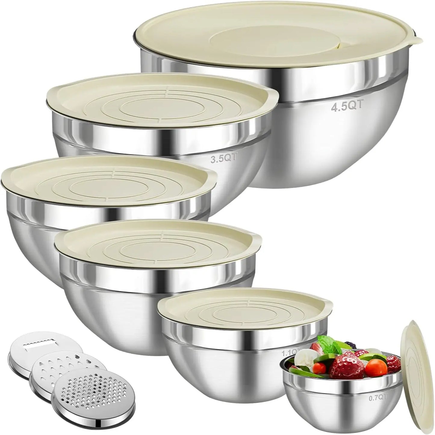 6-Piece Stainless Steel Mixing Bowl Set with Airtight Lids & 3 Grater Attachments – Nesting Kitchen Prep & Storage Bowls