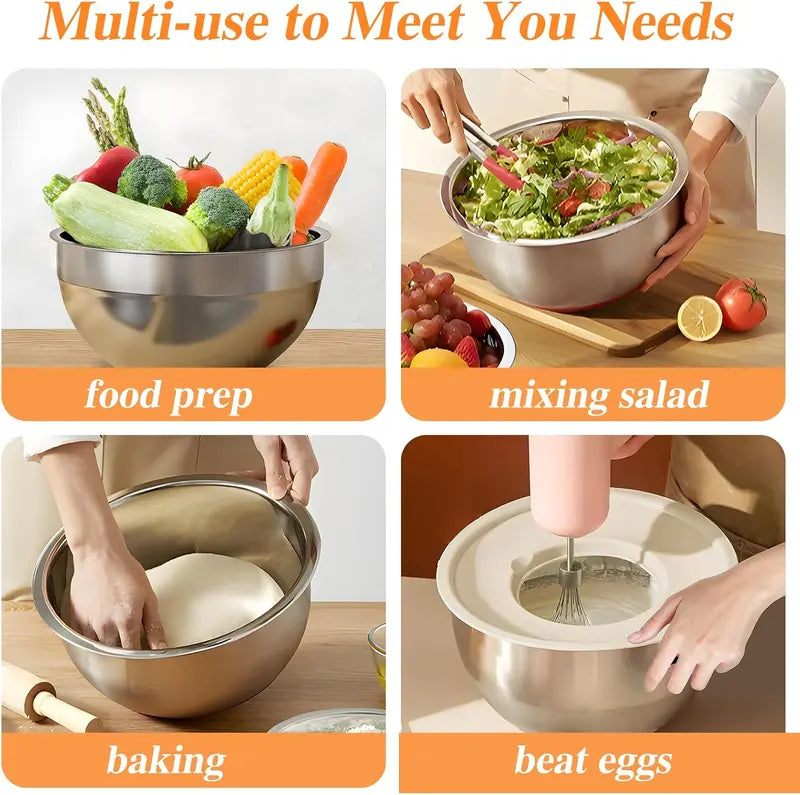 6-Piece Stainless Steel Mixing Bowl Set with Airtight Lids & 3 Grater Attachments – Nesting Kitchen Prep & Storage Bowls