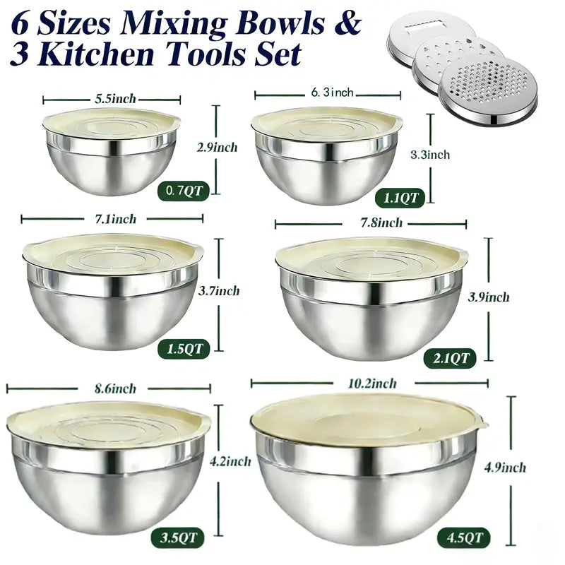 6-Piece Stainless Steel Mixing Bowl Set with Airtight Lids & 3 Grater Attachments – Nesting Kitchen Prep & Storage Bowls