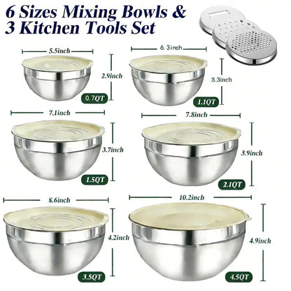 6-Piece Stainless Steel Mixing Bowl Set with Airtight Lids & 3 Grater Attachments – Nesting Kitchen Prep & Storage Bowls