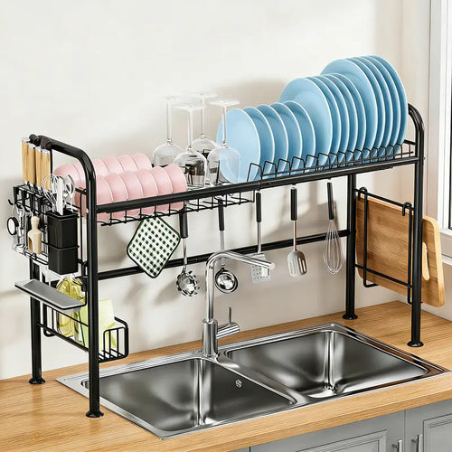 Space-Saving Over Sink Dish Drying Rack – 1 & 2-Tier Kitchen Organizer with Utensil Holder