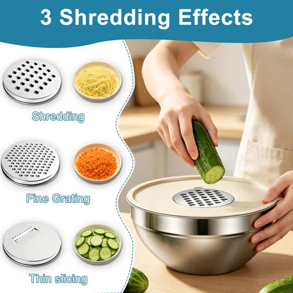 6-Piece Stainless Steel Mixing Bowl Set with Airtight Lids & 3 Grater Attachments – Nesting Kitchen Prep & Storage Bowls