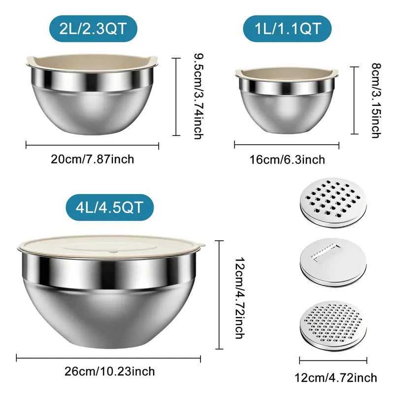 6-Piece Stainless Steel Mixing Bowl Set with Airtight Lids & 3 Grater Attachments – Nesting Kitchen Prep & Storage Bowls