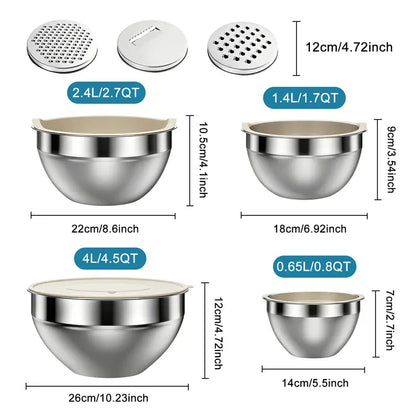 6-Piece Stainless Steel Mixing Bowl Set with Airtight Lids & 3 Grater Attachments – Nesting Kitchen Prep & Storage Bowls