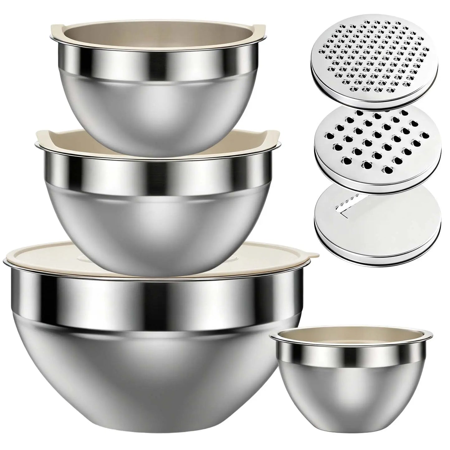 6-Piece Stainless Steel Mixing Bowl Set with Airtight Lids & 3 Grater Attachments – Nesting Kitchen Prep & Storage Bowls