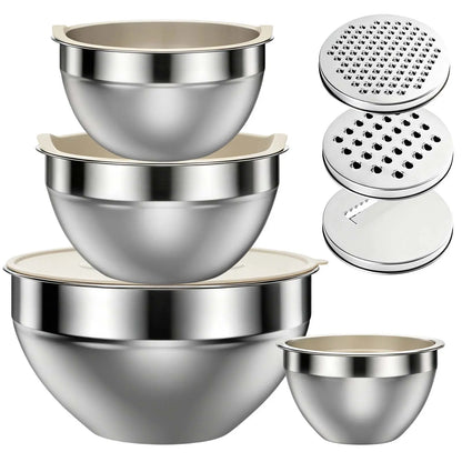 6-Piece Stainless Steel Mixing Bowl Set with Airtight Lids & 3 Grater Attachments – Nesting Kitchen Prep & Storage Bowls