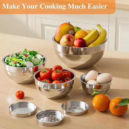 6-Piece Stainless Steel Mixing Bowl Set with Airtight Lids & 3 Grater Attachments – Nesting Kitchen Prep & Storage Bowls