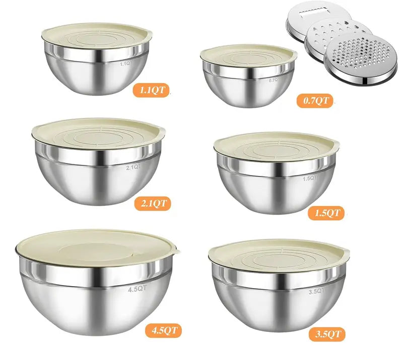 6-Piece Stainless Steel Mixing Bowl Set with Airtight Lids & 3 Grater Attachments – Nesting Kitchen Prep & Storage Bowls