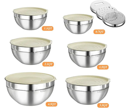 6-Piece Stainless Steel Mixing Bowl Set with Airtight Lids & 3 Grater Attachments – Nesting Kitchen Prep & Storage Bowls