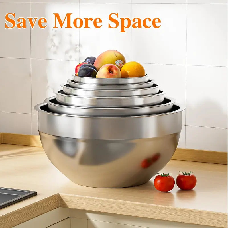 6-Piece Stainless Steel Mixing Bowl Set with Airtight Lids & 3 Grater Attachments – Nesting Kitchen Prep & Storage Bowls