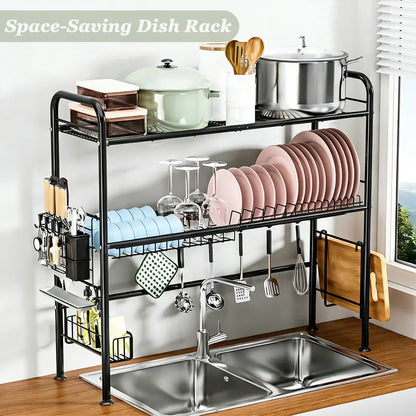 Space-Saving Over Sink Dish Drying Rack – 1 & 2-Tier Kitchen Organizer with Utensil Holder