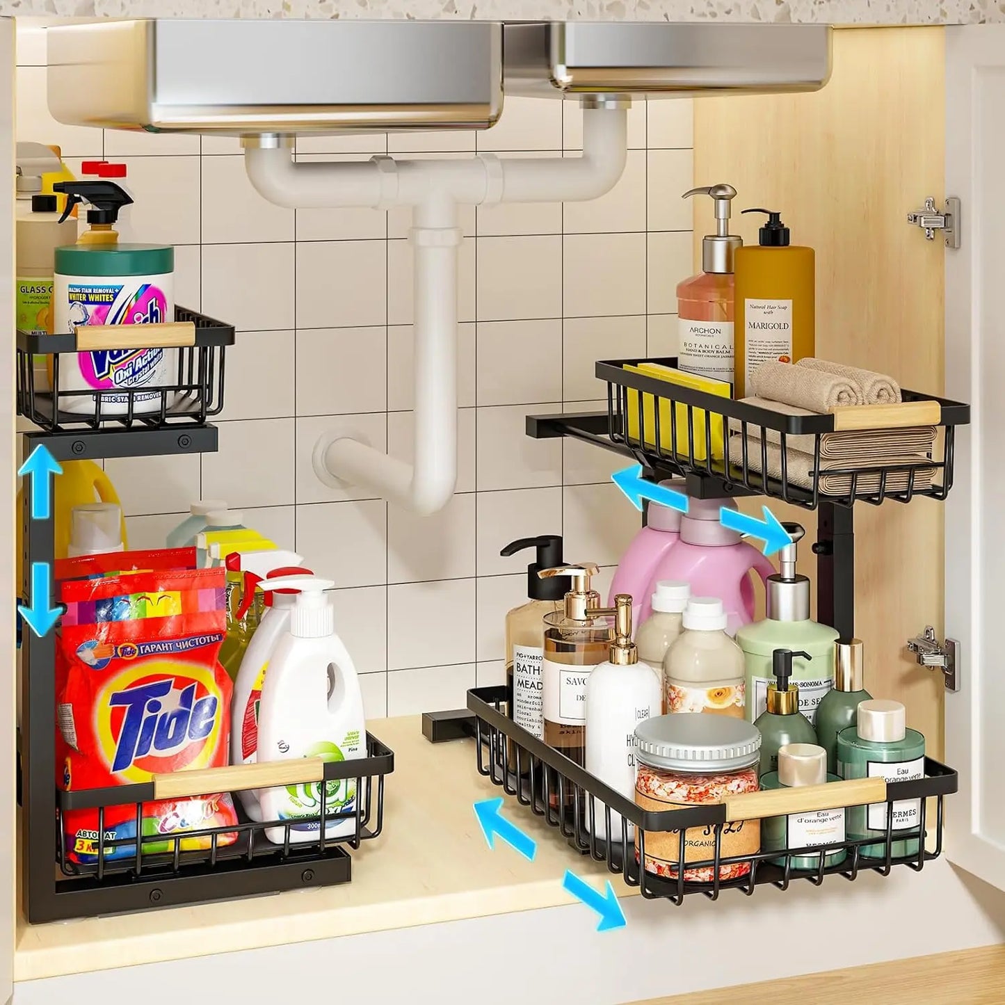 2-Tier Under Sink Organizer with Pull-Out Drawer – Height Adjustable Cabinet Storage Rack for Kitchen, Bathroom & Laundry Room