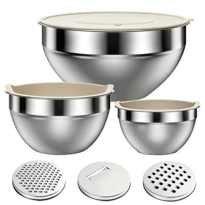 6-Piece Stainless Steel Mixing Bowl Set with Airtight Lids & 3 Grater Attachments – Nesting Kitchen Prep & Storage Bowls