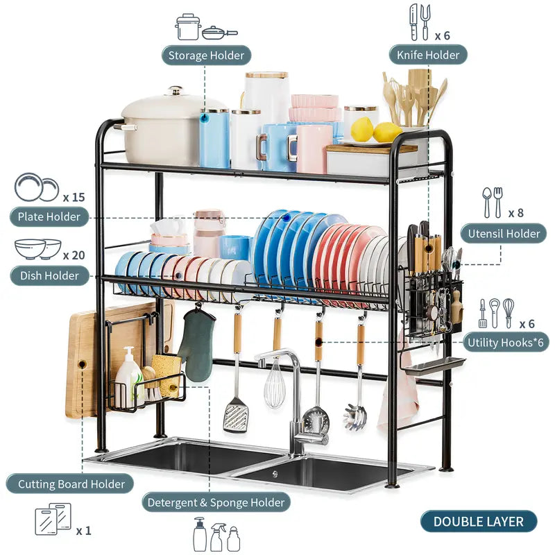 Space-Saving Over Sink Dish Drying Rack – 1 & 2-Tier Kitchen Organizer with Utensil Holder