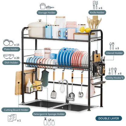 Space-Saving Over Sink Dish Drying Rack – 1 & 2-Tier Kitchen Organizer with Utensil Holder