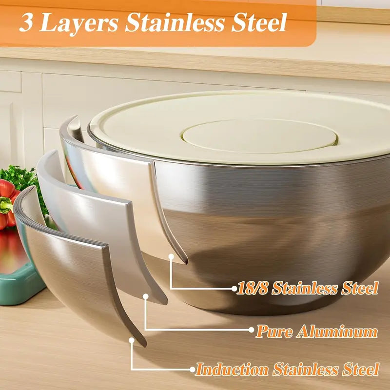 6-Piece Stainless Steel Mixing Bowl Set with Airtight Lids & 3 Grater Attachments – Nesting Kitchen Prep & Storage Bowls