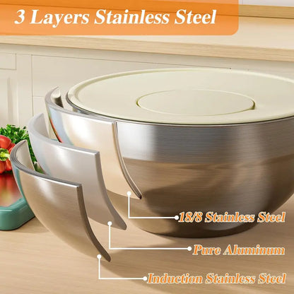 6-Piece Stainless Steel Mixing Bowl Set with Airtight Lids & 3 Grater Attachments – Nesting Kitchen Prep & Storage Bowls